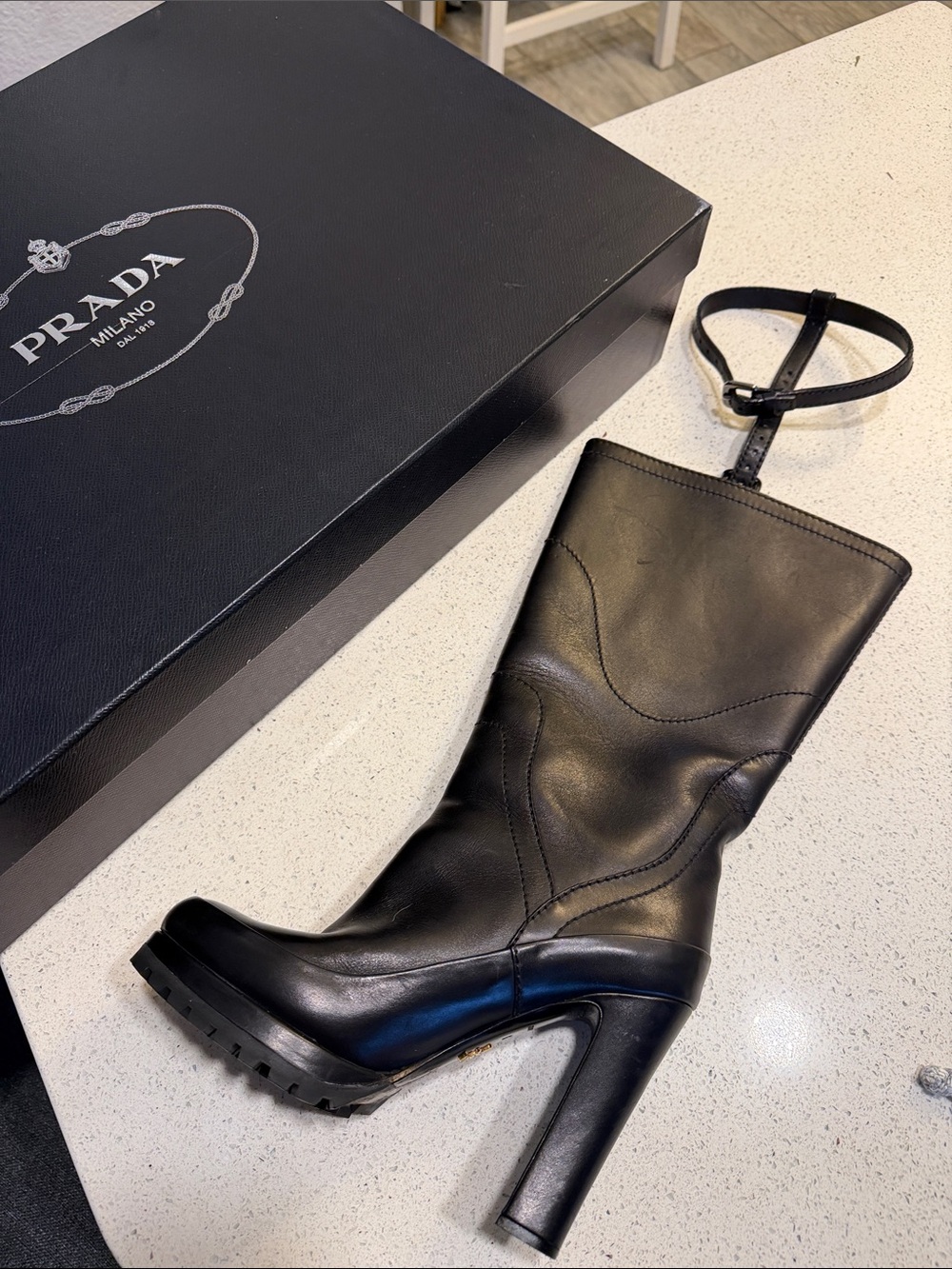 Prada Black Leather High-Heel Lug-Sole Ankle-Strap Boots